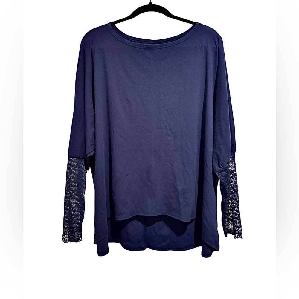 Women’s Casual Navy Blue Long Sleeve Lace Trim Tunic Shirt